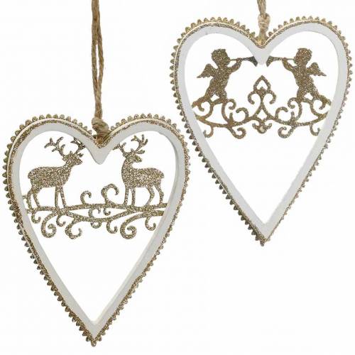 Product Hearts to hang with inlay wood, plastic white, golden, Ø9.2cm H12cm 4pcs