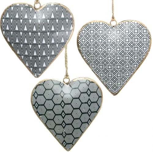 Floristik24 Heart to hang black and white with pattern 10cm 3pcs