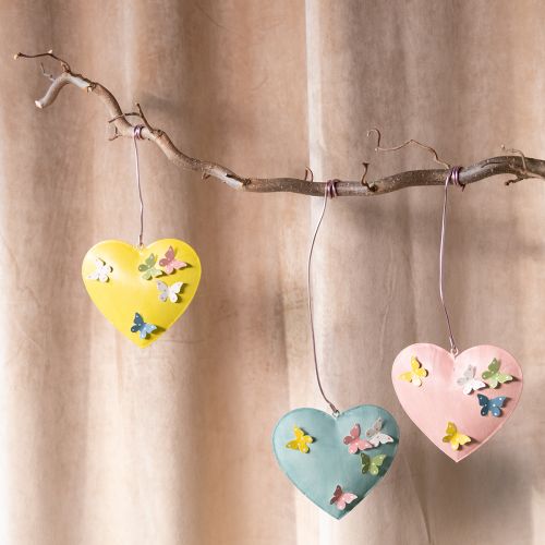 Product Decorative heart pendants with butterflies for spring decoration, 10.5cm, 3 pieces