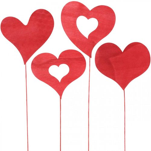 Product Flower plug heart, wooden decoration to stick, Valentine&#39;s Day, red decorative plug, Mother&#39;s Day L31-33cm 24pcs