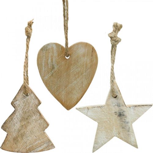 Floristik24 Wooden pendant, fir / heart / star, Christmas decoration set H7.5/8cm 9 pcs