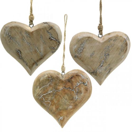 Floristik24 Wedding decoration, heart pendant, Valentine's Day, wooden decoration with pattern nature, washed white 14×15.5cm 3pcs
