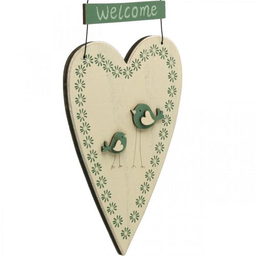 Floristik24 Heart to hang, wooden decoration with birds, door decoration, spring green, yellow H22cm set of 3