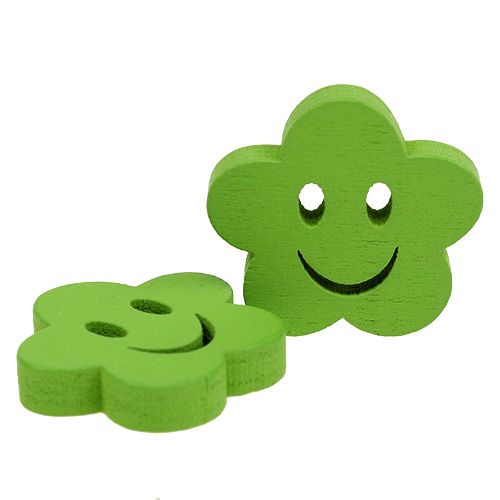 Wooden flower with face green 2.5cm 48p