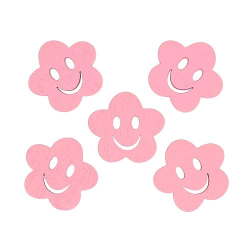 Wooden flower with face pink 2.5cm 48 pcs