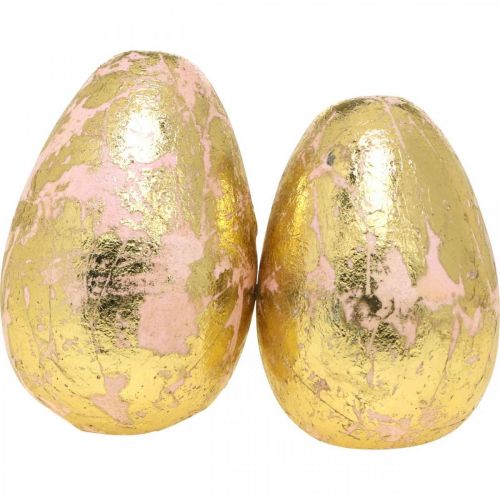 Floristik24 Noble wooden eggs, spring decoration, Easter eggs in a net pink, golden H7-7.5cm Ø 4-4.5cm 6pcs