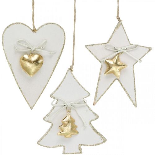 Floristik24 Christmas pendant heart / fir / star, wood decoration, tree decoration with bells white, golden H14.5 / 14 / 15.5cm 3pcs