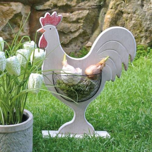 Floristik24 Wooden rooster with basket, Easter decoration, wooden figure for planting, spring decoration, decorative chicken