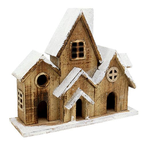 Wooden house with LED lighting 34cm x 30cm natural, white