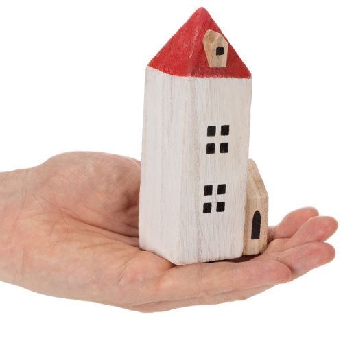 Decorative wooden house set, red and white, multi-piece winter decoration, 13cm, 6 pieces | Floristik24.ie
