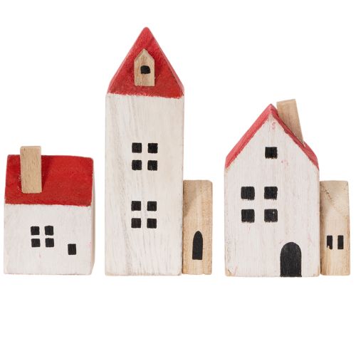 Decorative wooden house set, red and white, multi-piece winter decoration, 13cm, 6 pieces | Floristik24.ie
