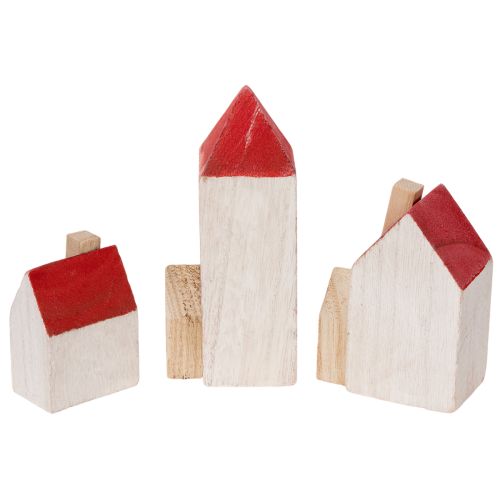 Decorative wooden house set, red and white, multi-piece winter decoration, 13cm, 6 pieces | Floristik24.ie