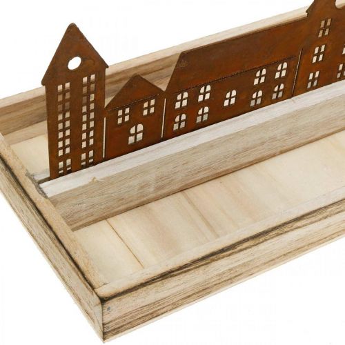 Product Decorative tray wooden rectangular with patina houses 35×15cm