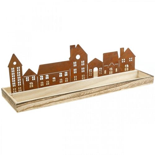 Decorative wooden tray rectangular with patina houses 50×17cm