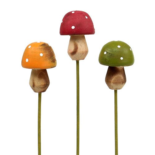 Floristik24 Wooden mushroom on the stick colored assort. 4cm 6pcs
