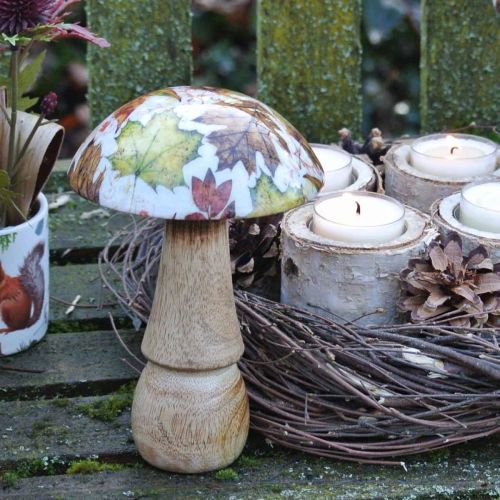 Wooden mushroom decoration autumn leaves white, colorful mushroom table decoration Ø10cm H15cm