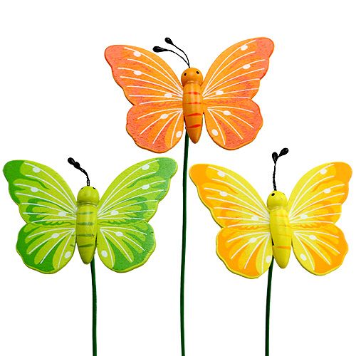 Wooden butterflies on stick 3-color assorted 8cm 24 pcs