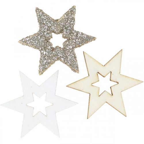 Floristik24 Scatter decoration wooden star natural, glitter, white 4 cm assorted 72 pcs