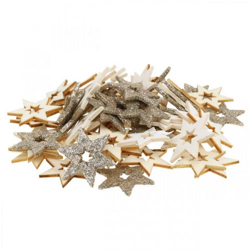Floristik24 Scatter decoration wooden star natural, glitter, white 4 cm assorted 72 pcs