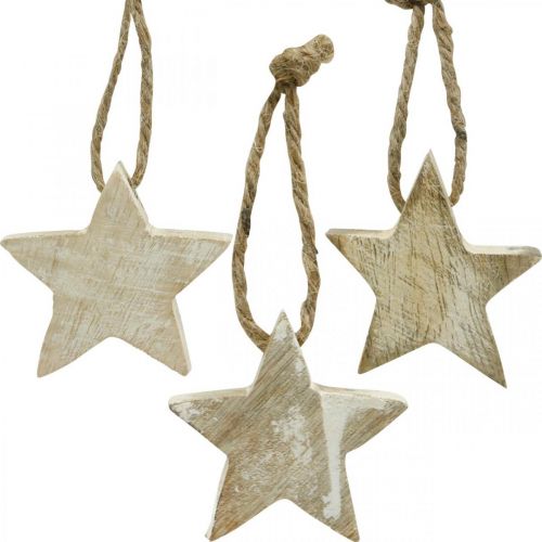 Wooden star Christmas tree decorations natural, white washed 5cm 36pcs