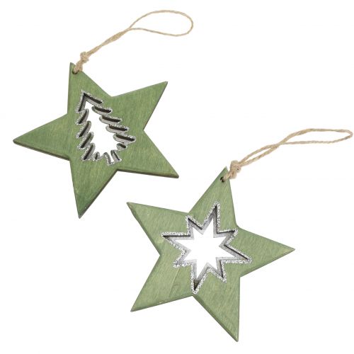 Wooden star with motifs green 11cm 6pcs