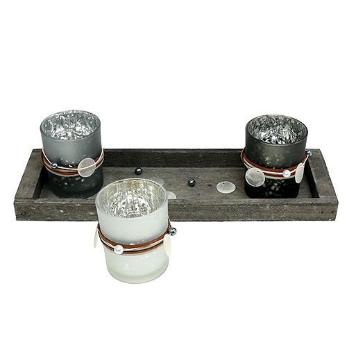 Floristik24 Wooden tray with 3 tealight glasses gray, silver