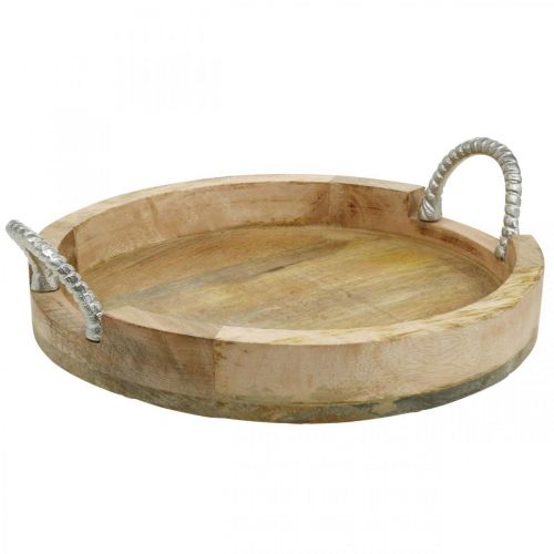 Floristik24 Tray with metal handles, wood decoration round real wood, metal natural, silver Ø31cm