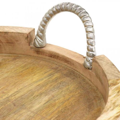 Product Tray with metal handles, wood decoration round real wood, metal natural, silver Ø31cm