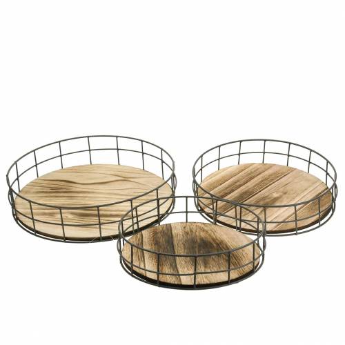 Decorative tray round wood, metal natural Ø25/30/35cm set of 3