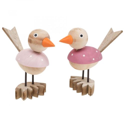 Wooden bird deco figure window decoration spring pink H15cm 2pcs