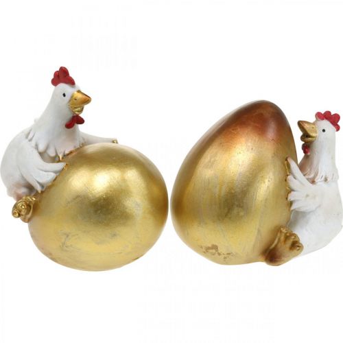 Decorative chickens with Easter egg, Easter chickens, golden egg, Easter decoration H12/11cm set of 2