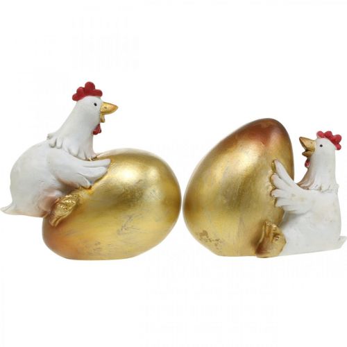 Floristik24 Decorative chickens with Easter egg, Easter chickens, golden egg, Easter decoration H12/11cm set of 2