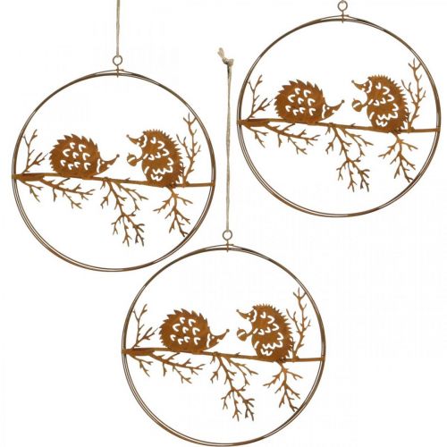 Product Metal pendant, hedgehog on branch, autumn decoration, decorative ring, stainless steel frame Ø15.5cm 3pcs