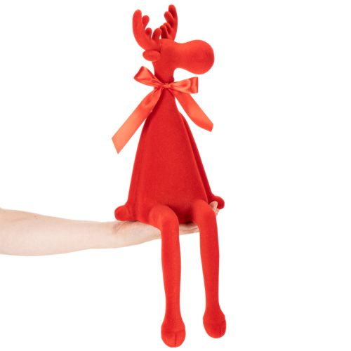 Decorative elk figurine with bow, sitting, flocked shelf sitter, 54cm | Floristik24.ie