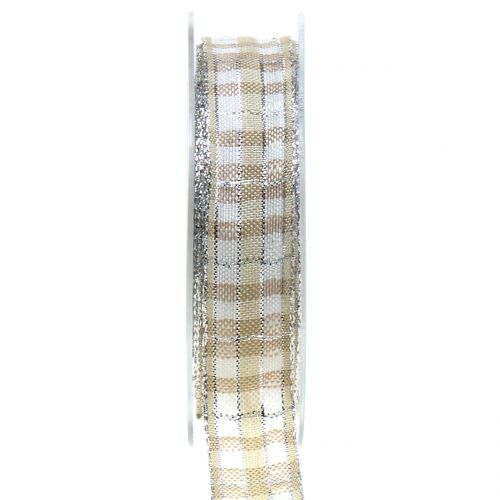 Floristik24 Check ribbon with mica natural silver 25mm 15m