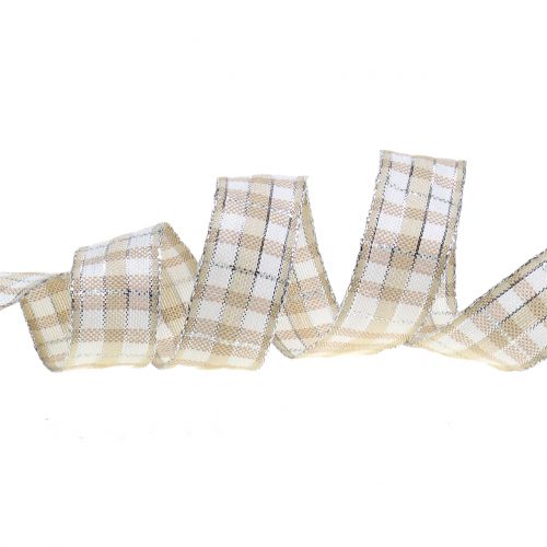 Floristik24 Check ribbon with mica natural silver 25mm 15m