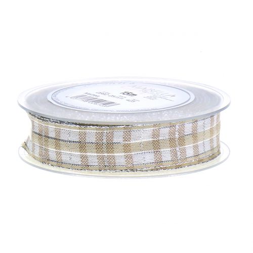Floristik24 Check ribbon with mica natural silver 25mm 15m