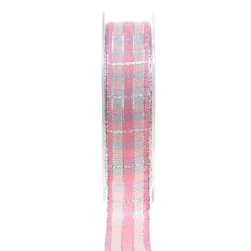 Check ribbon with mica pink-silver 25mm 15m