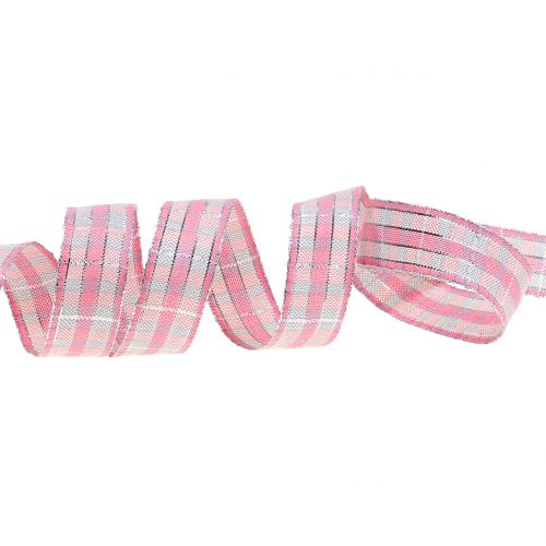 Floristik24 Check ribbon with mica pink-silver 25mm 15m