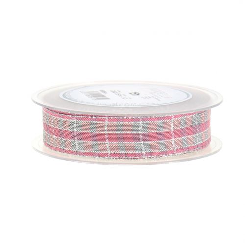 Floristik24 Check ribbon with mica pink-silver 25mm 15m