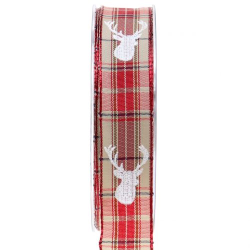 Floristik24 Check ribbon with deer head red 25mm 20m