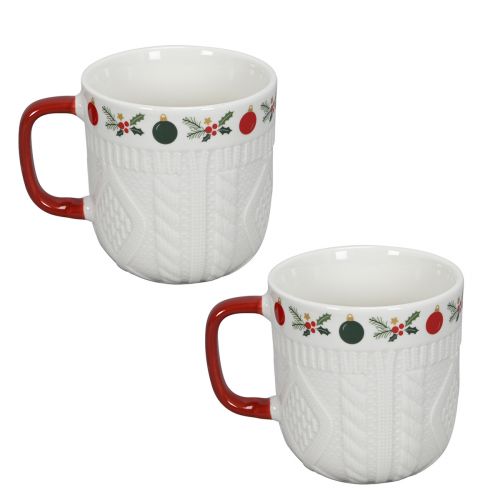 Floristik24 Ceramic Christmas mug with knitted pattern and festive decoration 9cm - red-white 2pcs