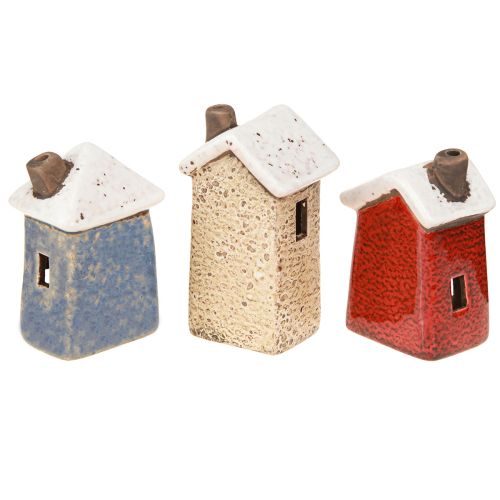 Ceramic house Advent decoration cream red grey 8.5/9.5cm 3 pieces | Floristik24.ie