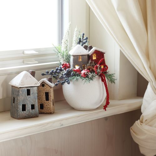 Floristik24 Ceramic house Advent decoration cream red grey 8.5/9.5cm 3 pieces