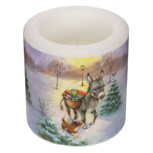 Pillar candle winter landscape with donkey and dog motif 10cm
