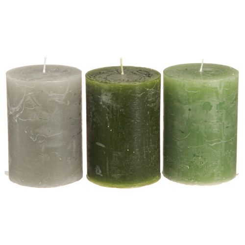 Product Green pillar candles, 3 shades, solid color, rustic, 70x100mm, set of 12, for decoration and Advent