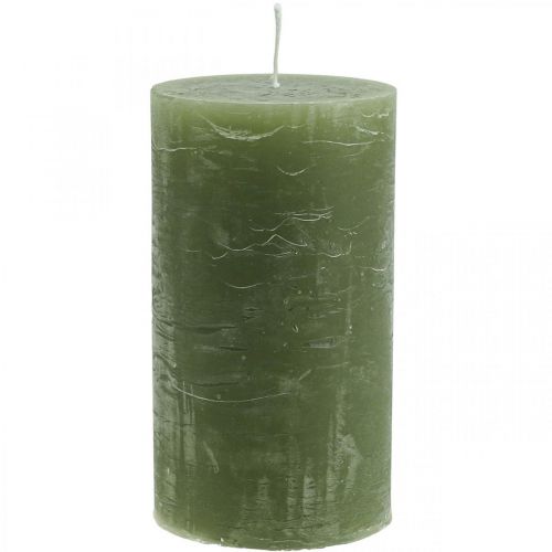 Product Olive green pillar candles 85×150mm 2 pieces – Solid-colored, marbled wax candles with an 80-hour burning time