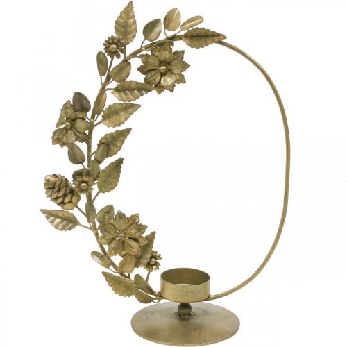 Tealight holder gold deco loop flowers cones H29.5cm