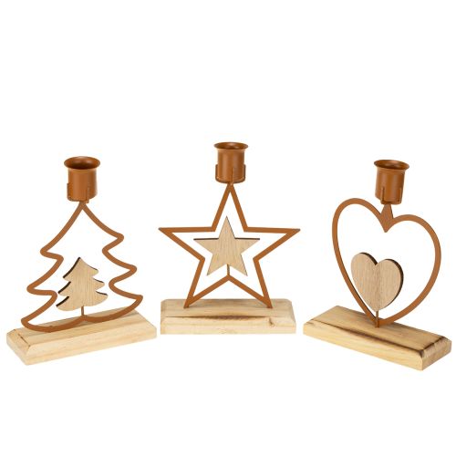 Floristik24 Candlestick candles star heart fir brown H16.5cm assorted 3pcs