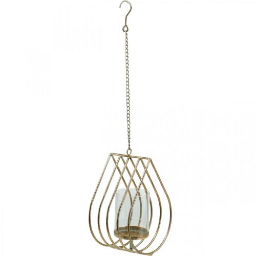 Product Lantern hanging tealight holder metal gold teardrop H22.5cm